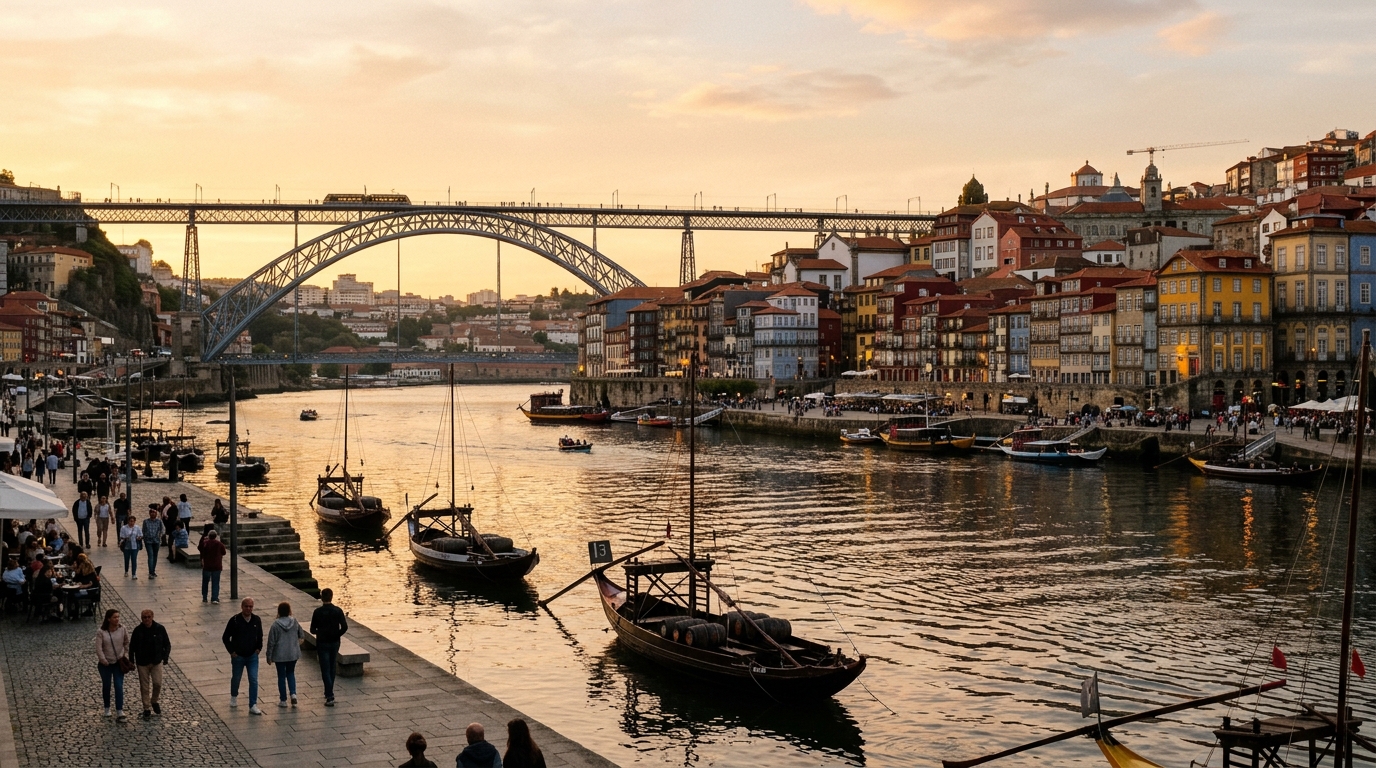 Porto Ribeira waterfront at golden hour with colorful buildings reflected in the Douro River and Dom Luis bridge in the in porto travel guide