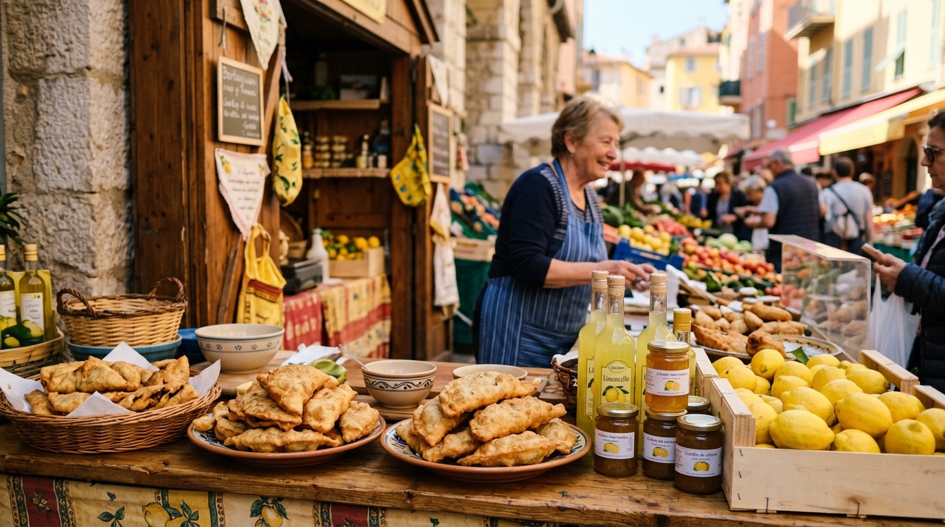 Barbagiuan pastry and lemon products at a Menton market stall in best things to do in menton