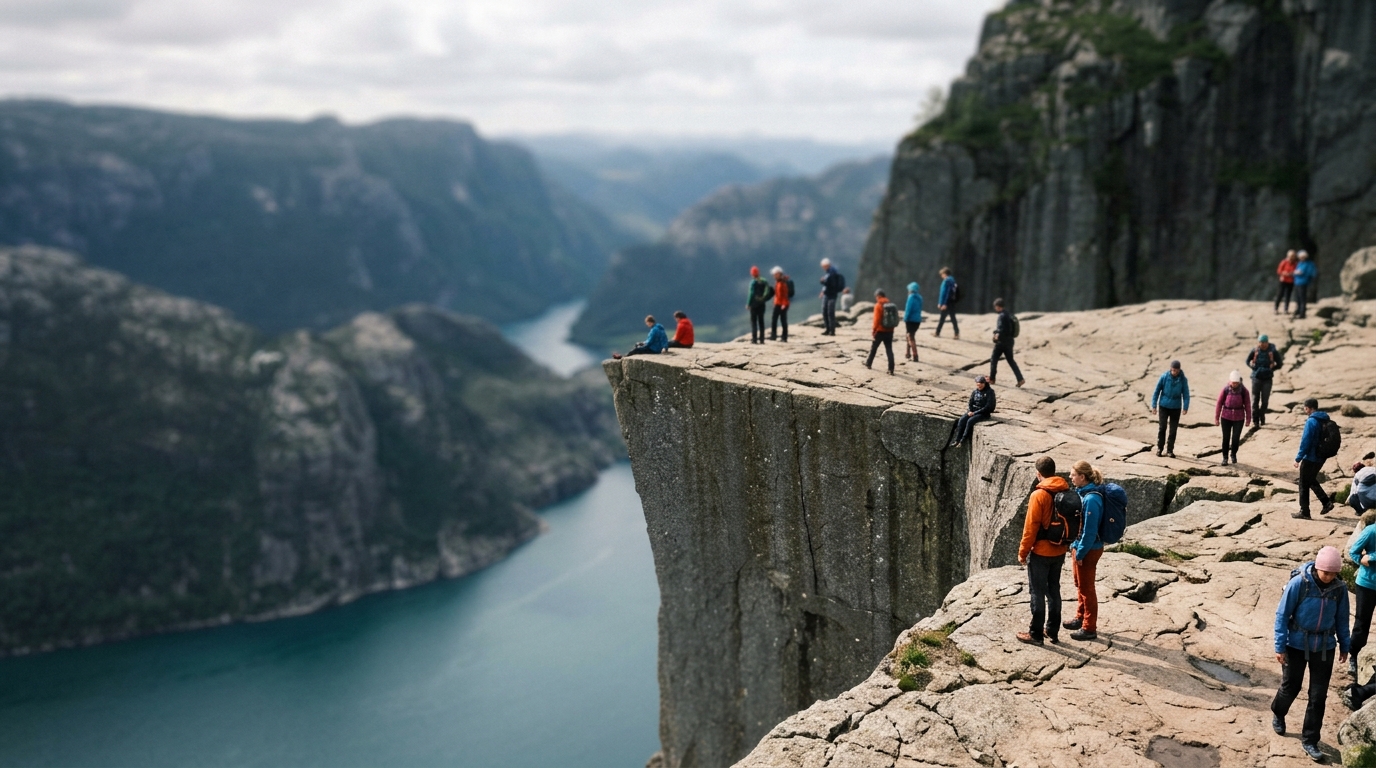 Preikestolen Pulpit Rock flat cliff above Lysefjord with hikers Norway in norway fjords travel guide