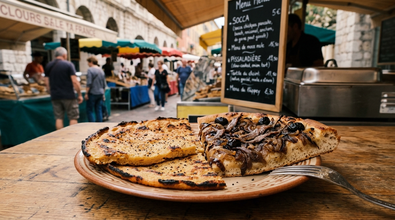 Plate of fresh socca chickpea pancake and pissaladiere onion tart from a Nice market stall