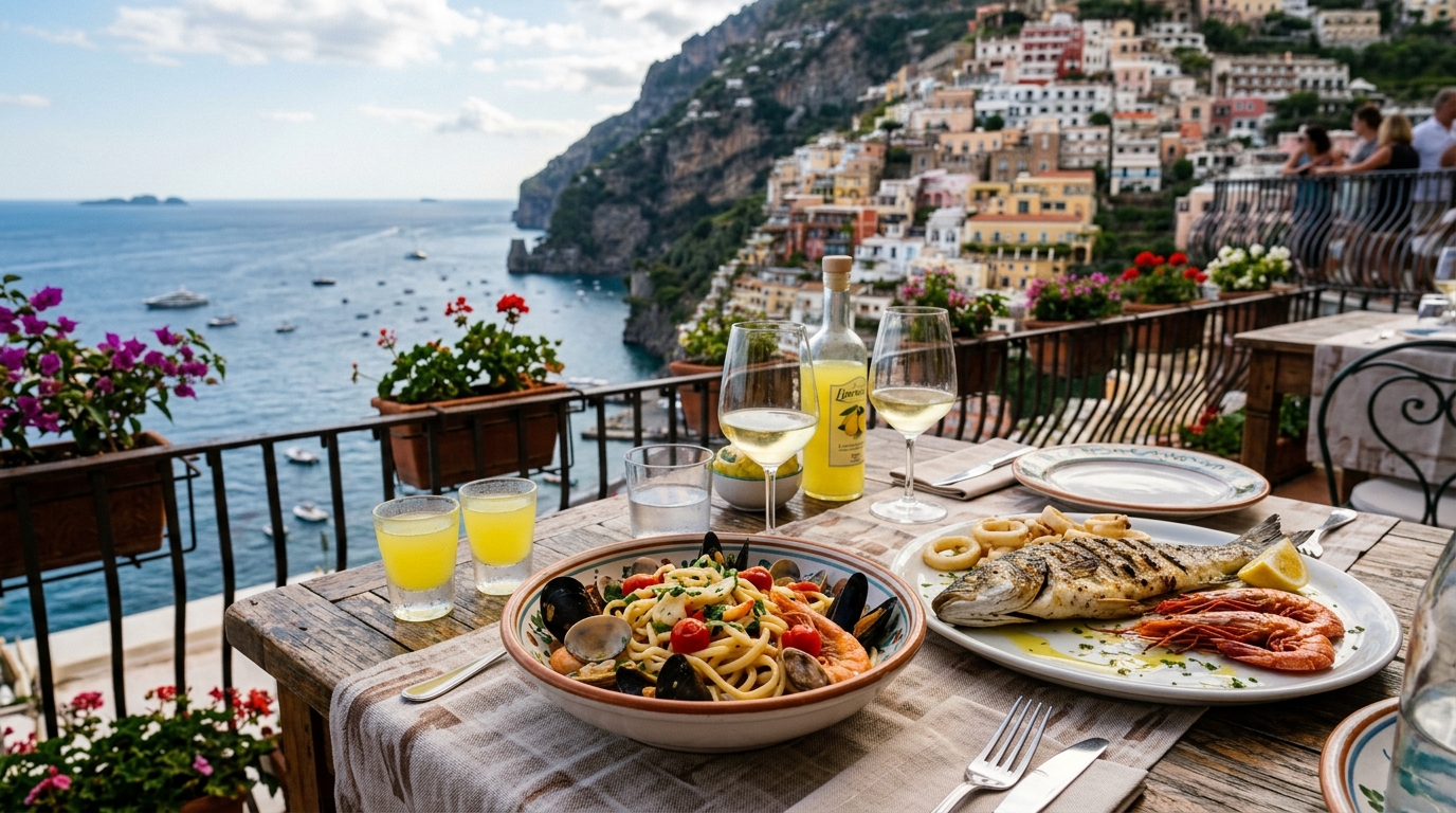 Vibrant food spread on a Positano terrace — pasta, grilled seafood and limoncello glasses with the sea in backgrou in best food in positano