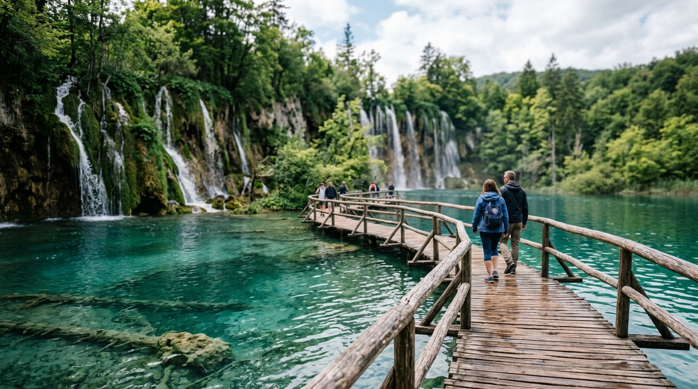 Plitvice Lakes wooden boardwalk over turquoise water with waterfalls Croatia - in plitvice lakes travel guide