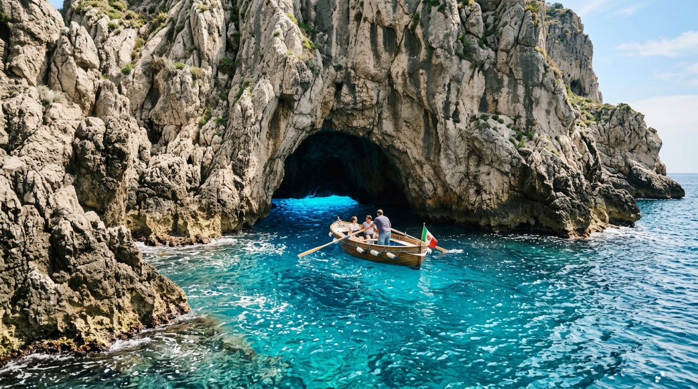 Blue Grotto cave entrance Capri with turquoise glowing water