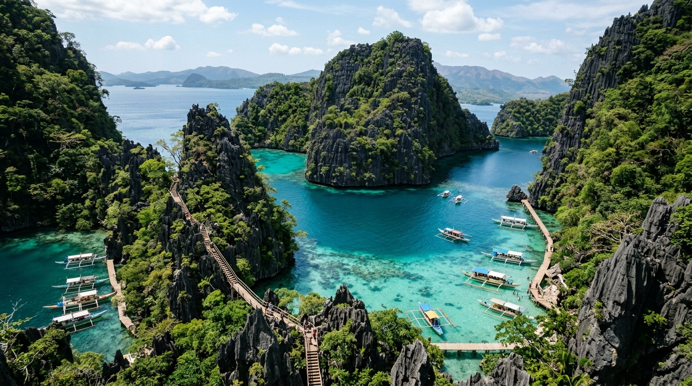 Aerial view of Coron Kayangan Lake Busuanga Island Palawan Philippines clear turquoise water in palawan travel guide