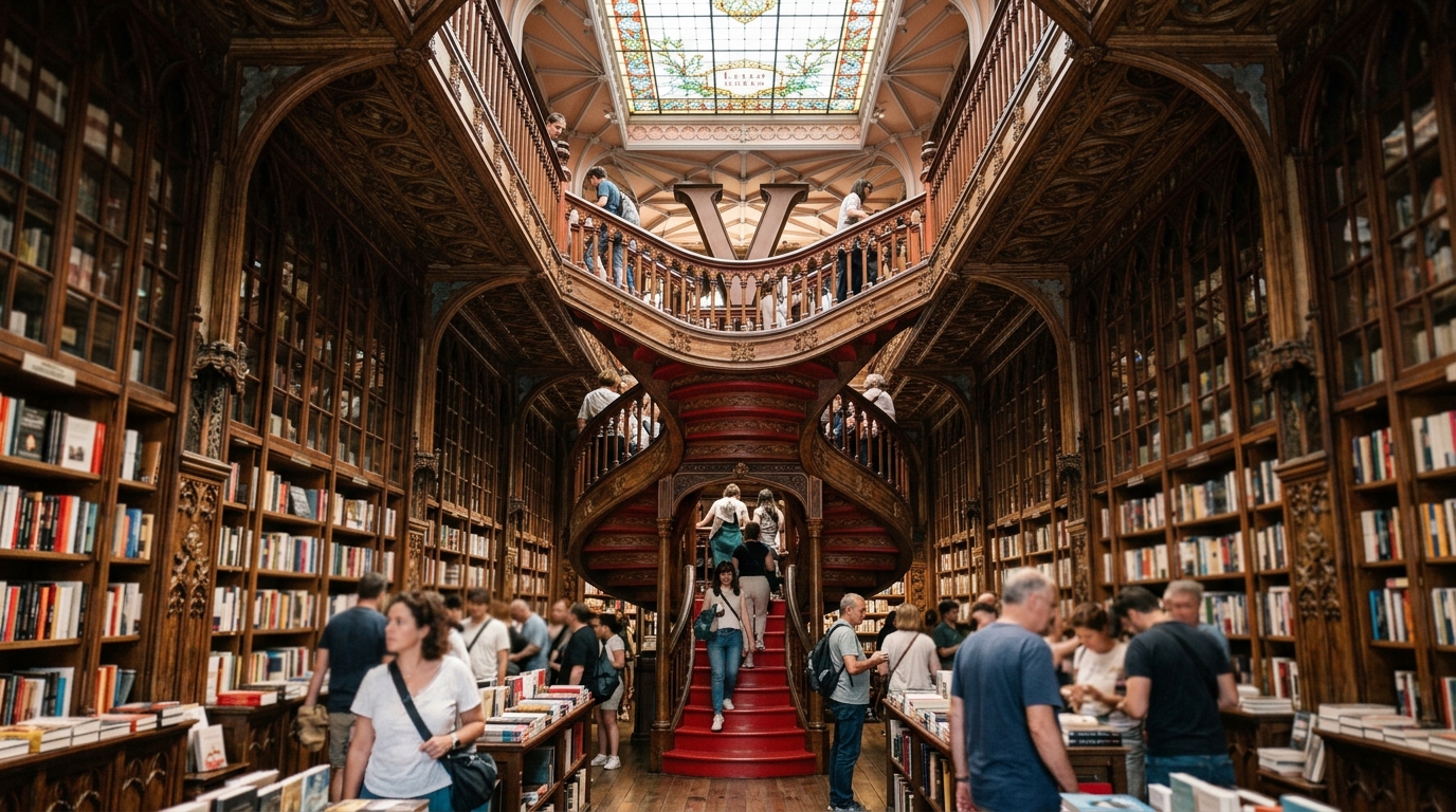Interior of Livraria Lello bookshop in Porto showing ornate red staircase carved wood ceiling and art nouveau facade - in porto travel guide