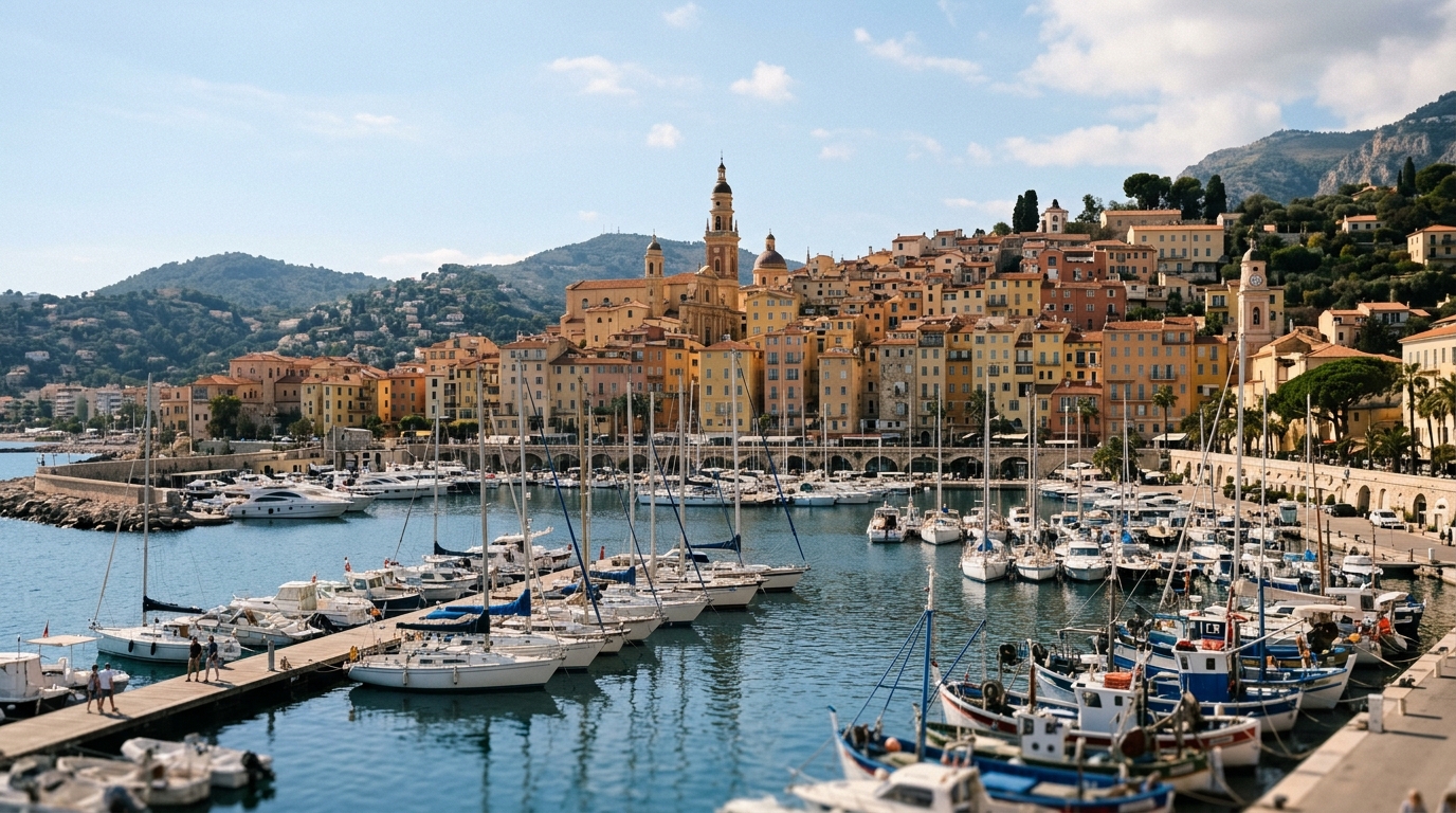 Overview of Menton harbour with boats and old town skyline in best things to do in menton