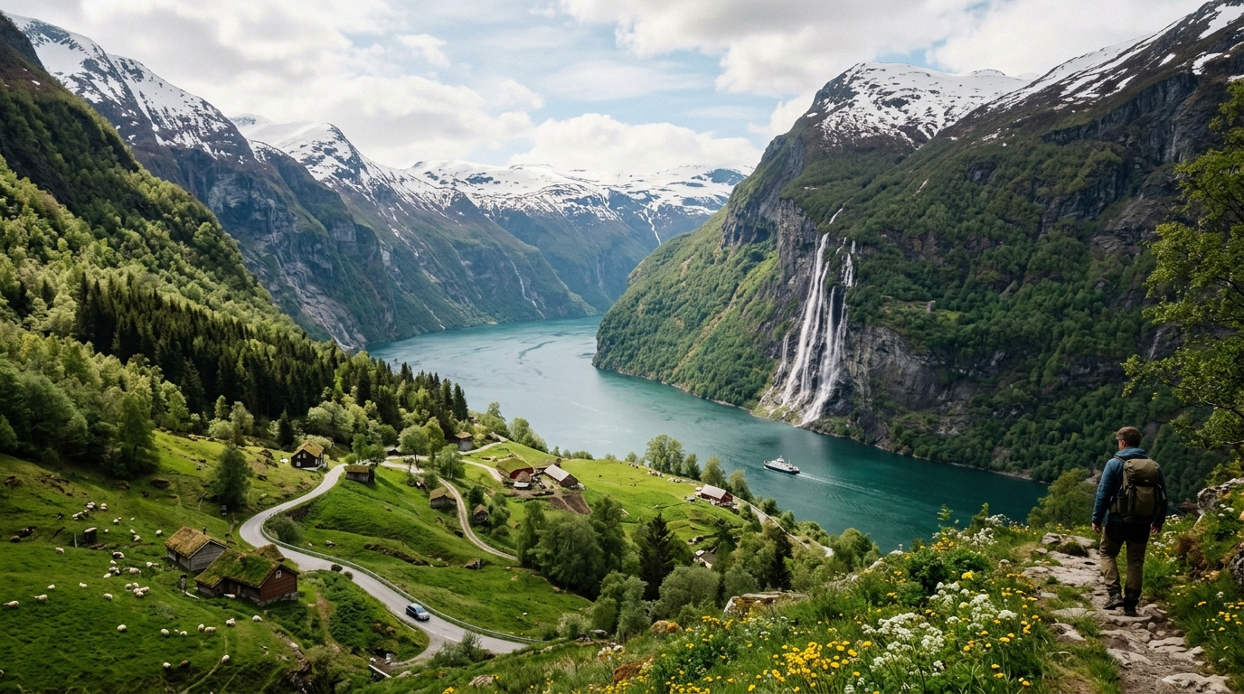 Norway fjords in late May with waterfalls in full flow and snow-capped peaks above green valley in norway fjords travel guide