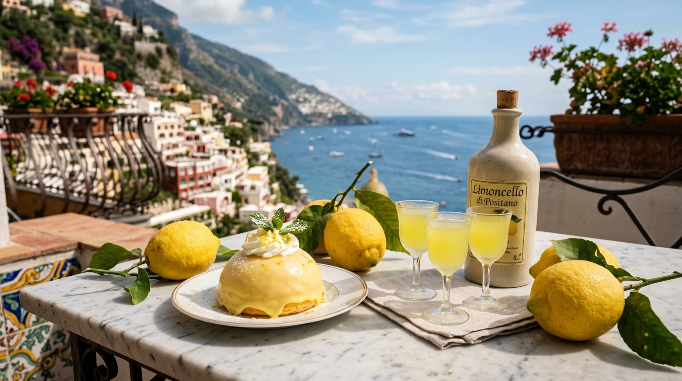 Chilled limoncello glasses and a delizia al limone cake on a white marble surface with Amalfi lemons