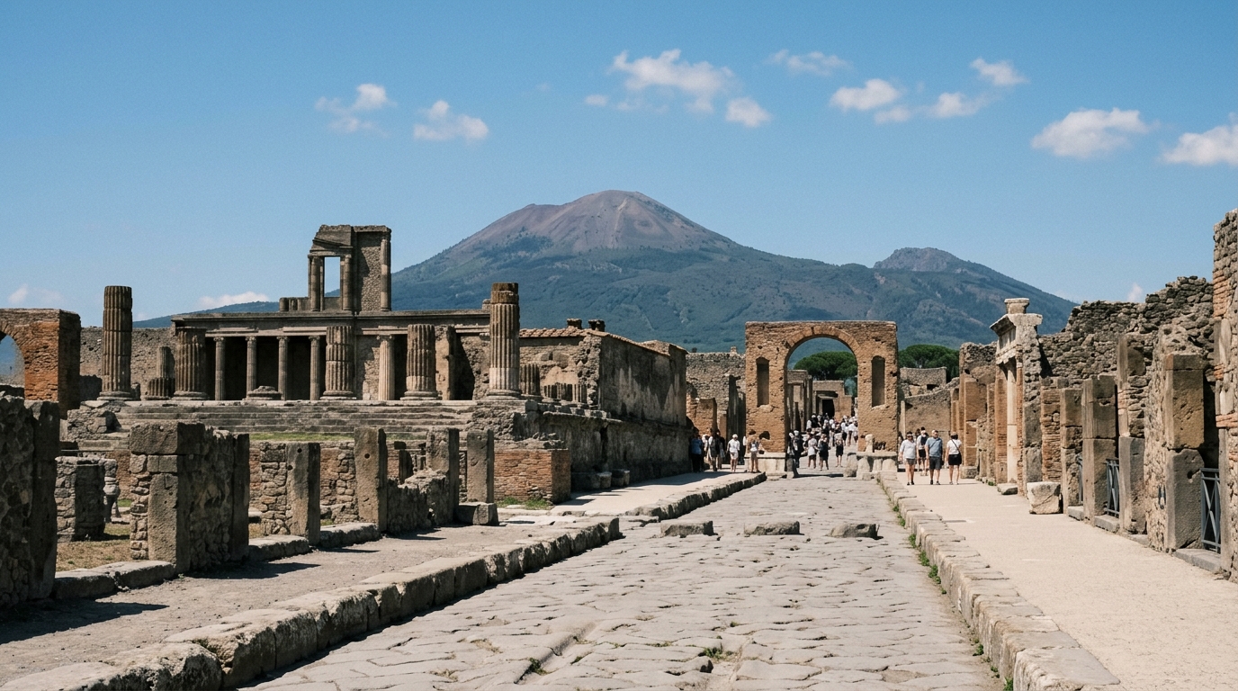 Pompeii ruins with Mount Vesuvius in background on a clear day