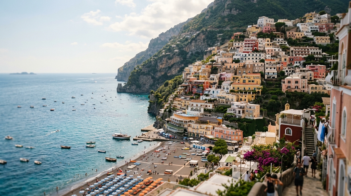 Positano clifftop village with colorful houses descending to Spiaggia Grande beach in best things to do in positano