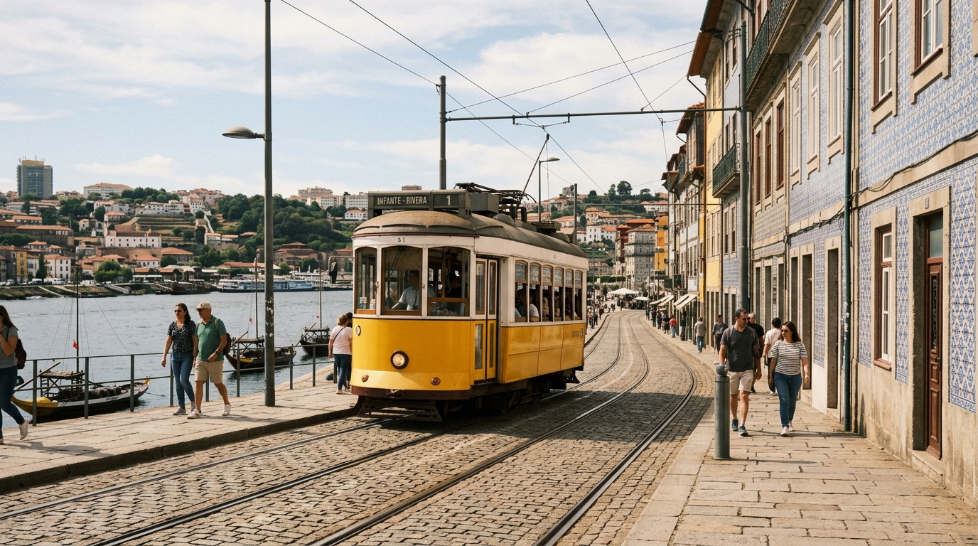 Historic tram line 1 in Porto running along the Douro riverfront with azulejo tiled buildings and water in the backgroun in porto travel guide