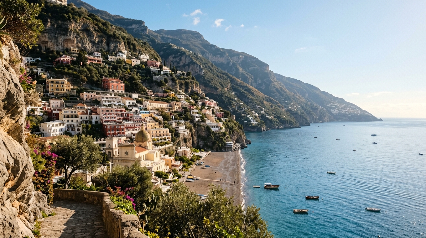 Positano cliffside in golden morning light with clear blue sea and no crowds