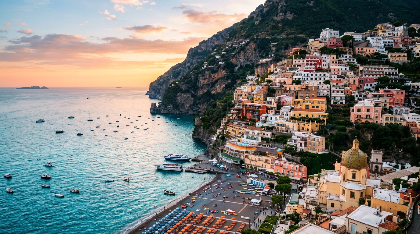Positano hotels at sunset - colorful cliffside villas cascading to Spiaggia Grande beach with turquoise water - aerial v in positano hotels