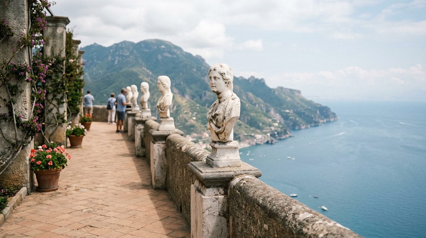 Ravello Villa Cimbrone garden terrace with stone balustrade and coastal views