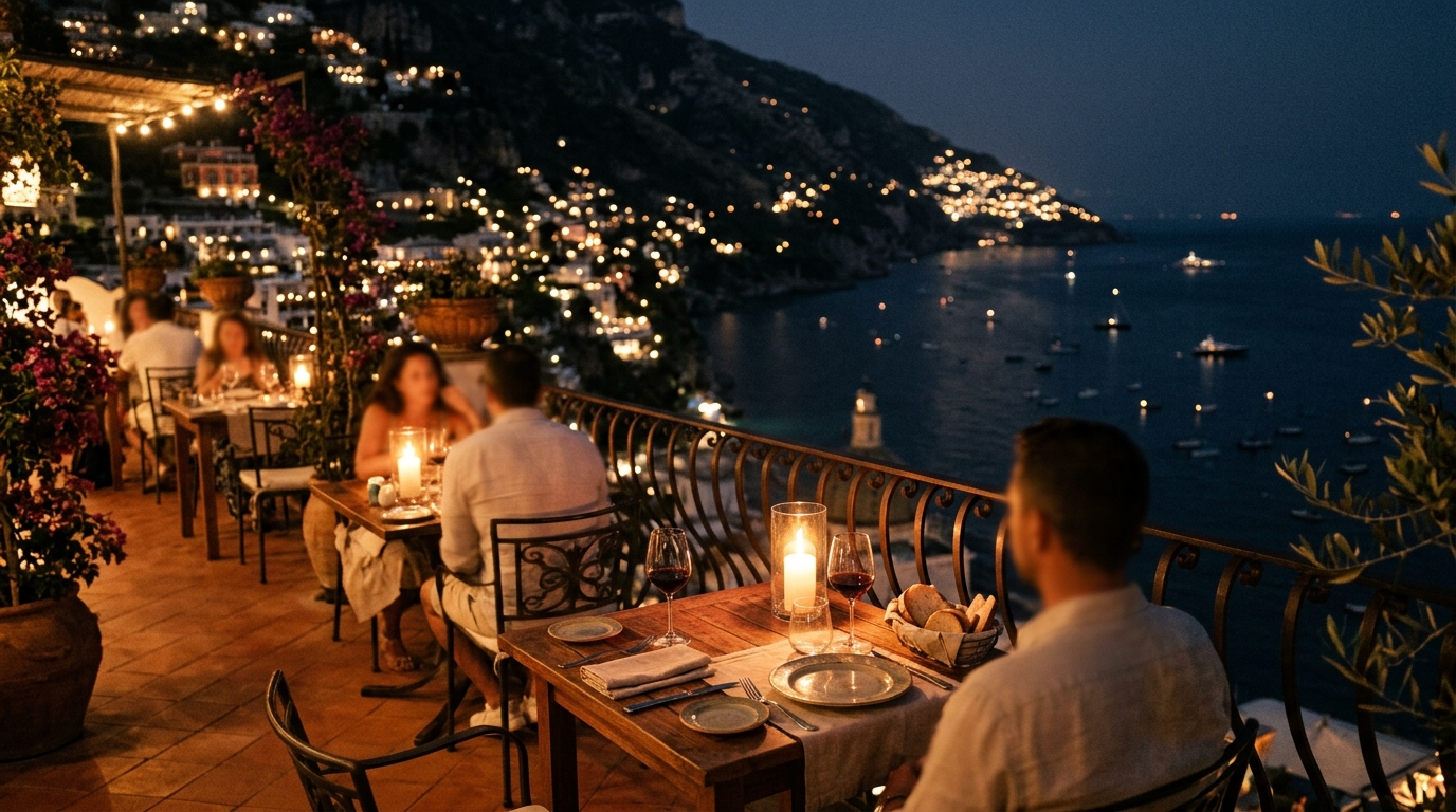 A candlelit outdoor terrace at a Positano clifftop restaurant with the lit village and Tyrrhenian sea at night — s in best food in positano