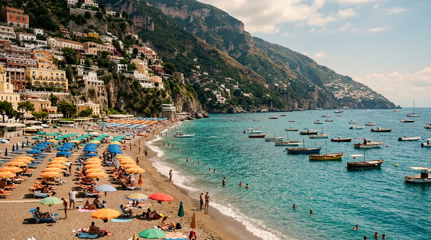 Positano Spiaggia Grande beach with colorful umbrellas and boats in turquoise water in best things to do in positano