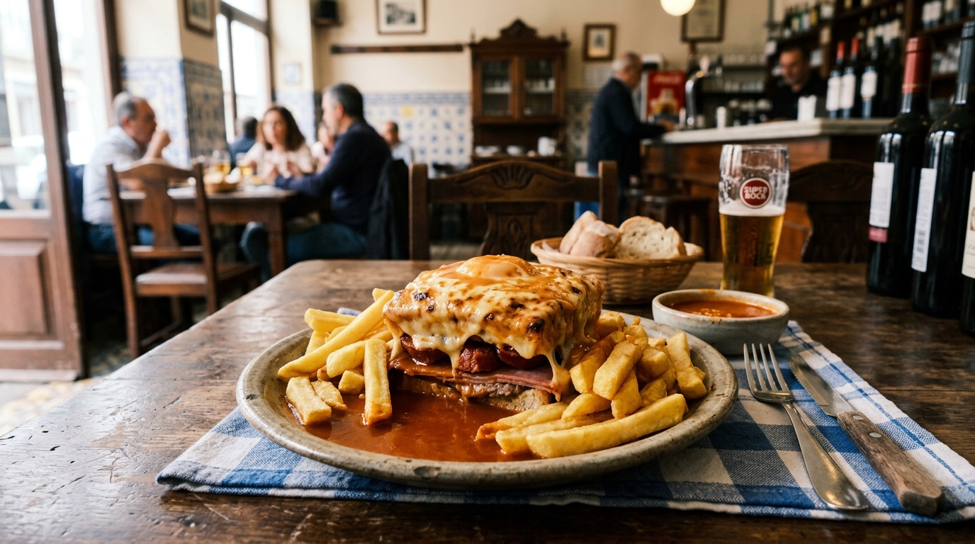Porto francesinha sandwich on a plate with spicy sauce and fries at a traditional Porto cafe - in porto travel guide