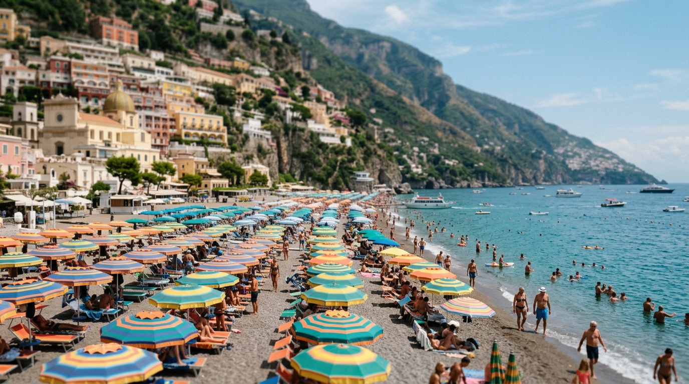 Busy Positano beach in summer with colourful umbrellas at Spiaggia Grande