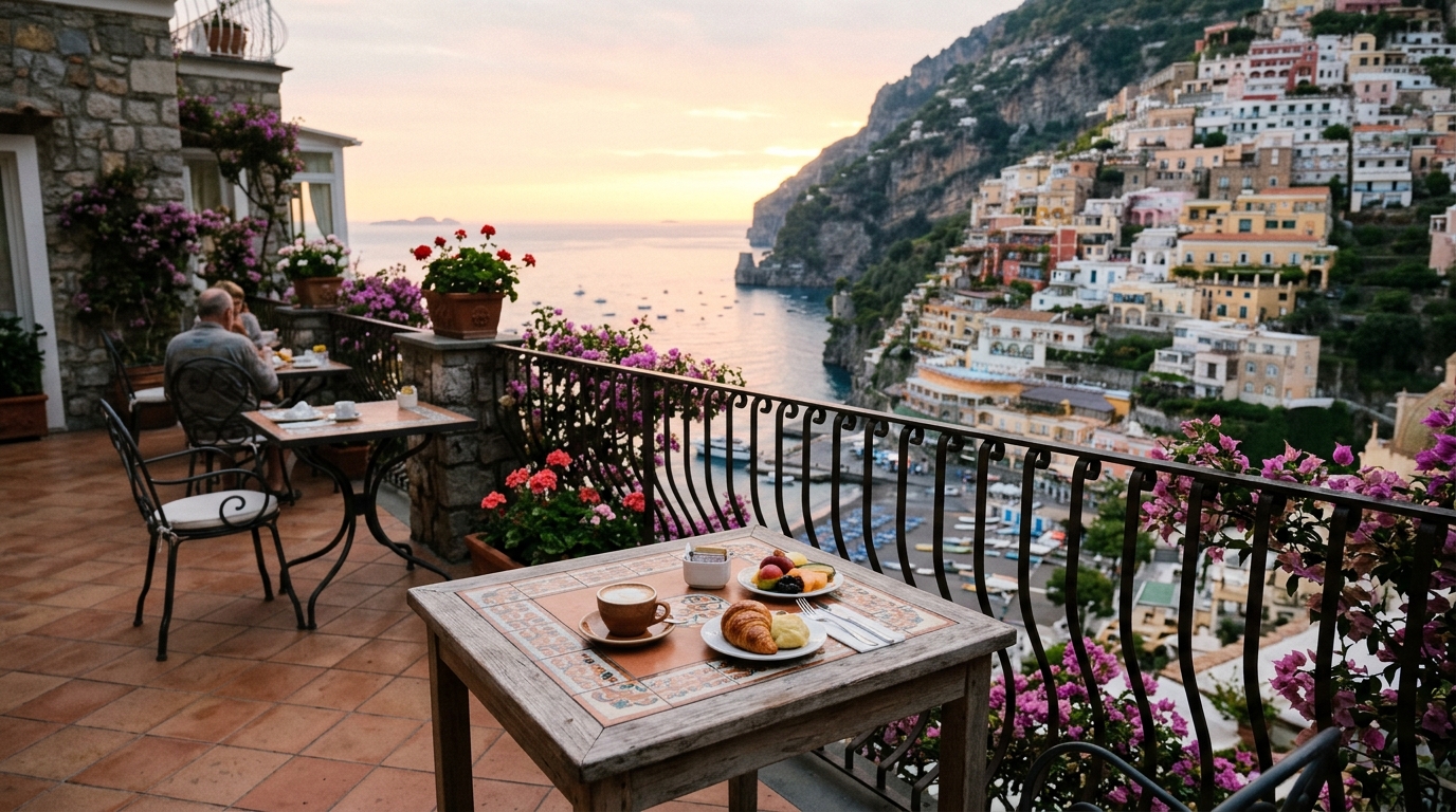 Positano hotel terrace with sea view at sunrise - tiled outdoor breakfast area overlooking Spiaggia Grande - mid-range A in positano hotels