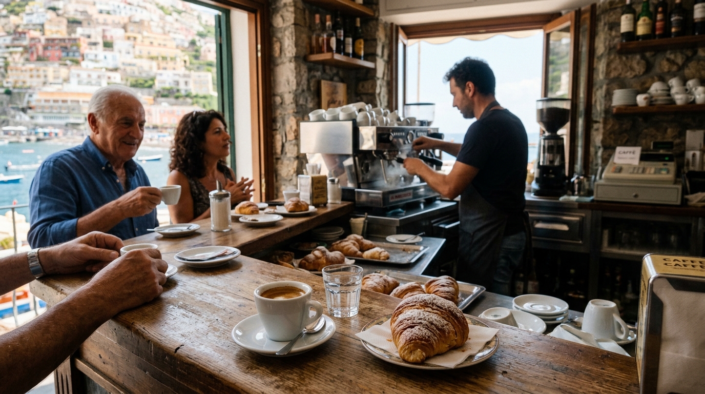 Bar counter in Positano with pastries and espresso