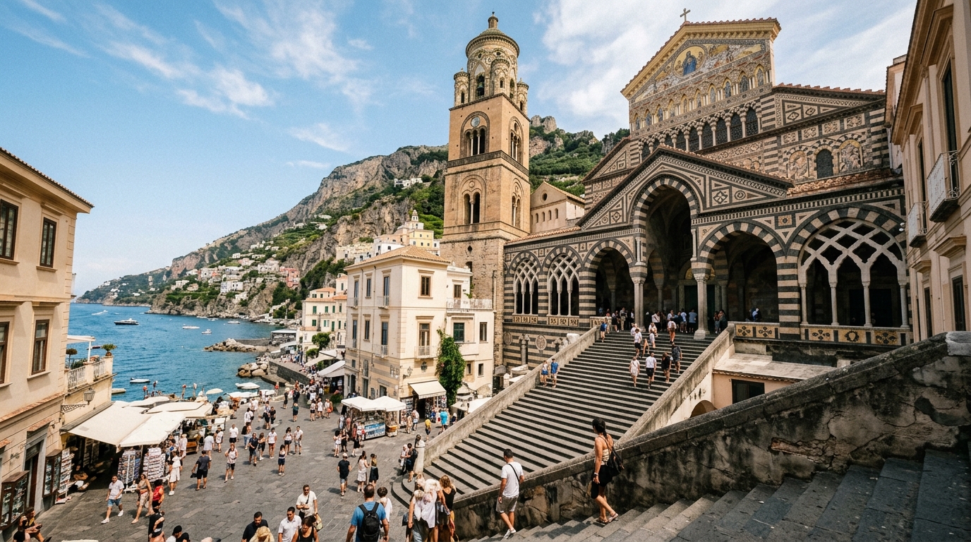 Amalfi Cathedral Duomo di Sant'Andrea with striped facade and coastal stairs