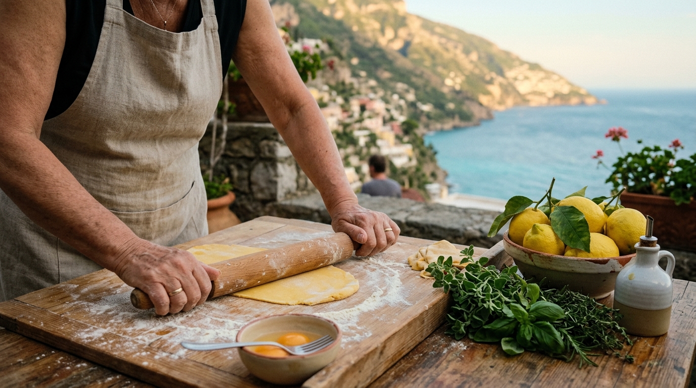 Hands rolling fresh pasta dough on a floured wooden board with Amalfi Coast herbs and lemons nearby