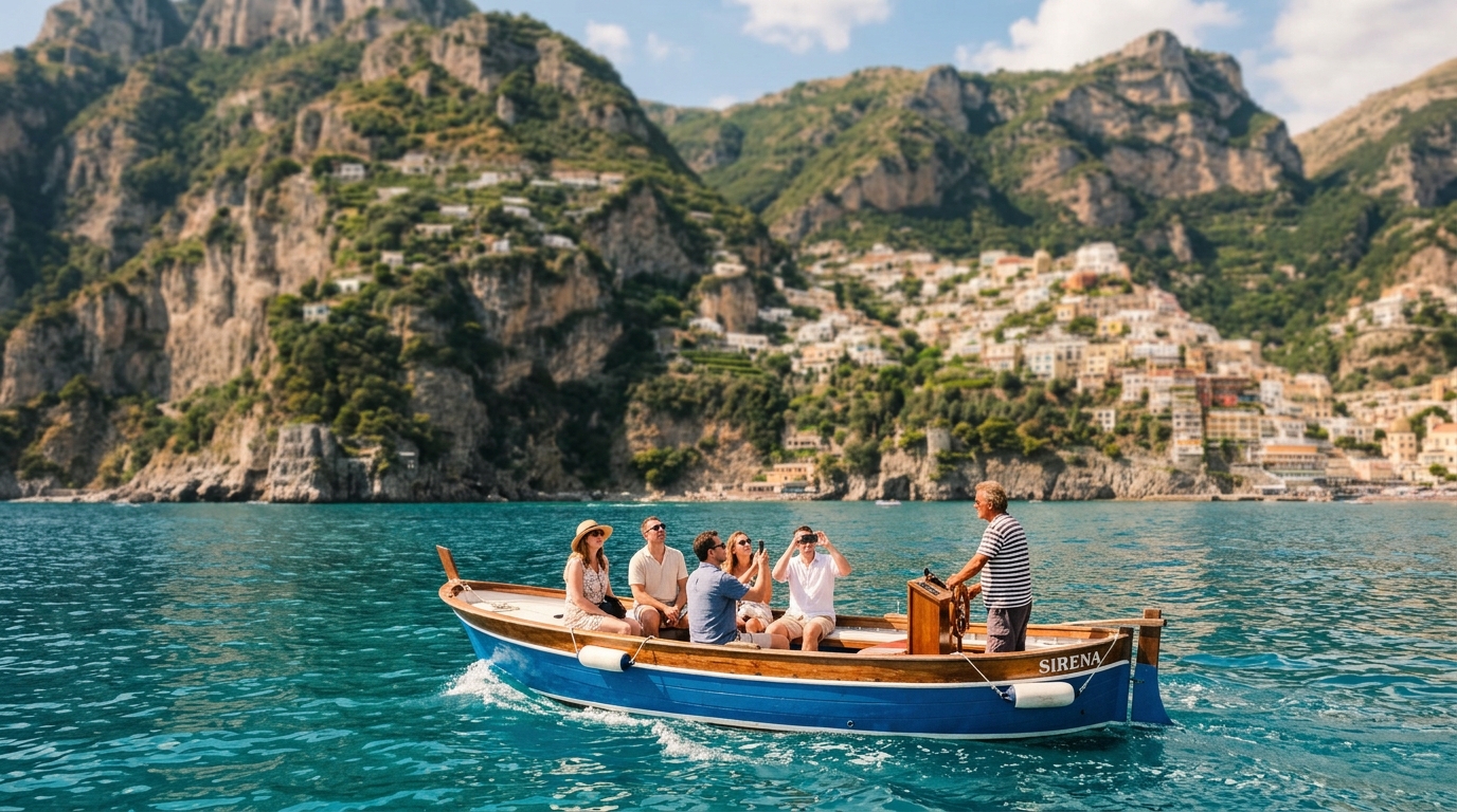 Small group boat tour passing Amalfi Coast sea cliffs with turquoise water below in best tours from positano