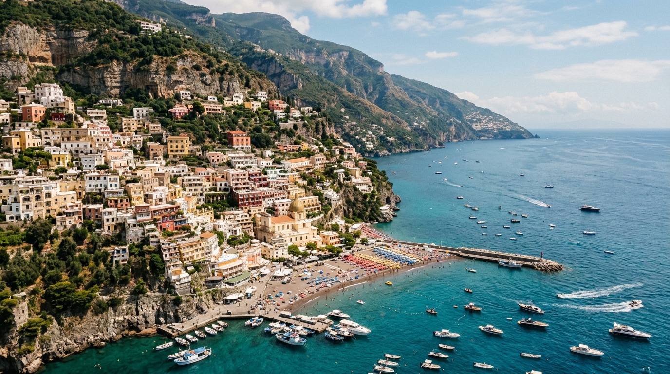 Positano village aerial view showing colorful cliffside houses and Spiaggia Grande beach