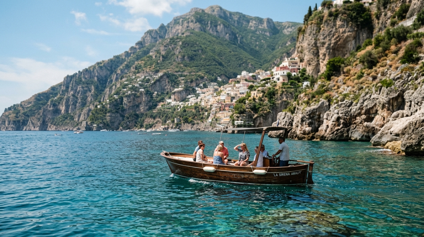 Small wooden boat touring Amalfi Coast cliffs with clear turquoise water in best things to do in positano