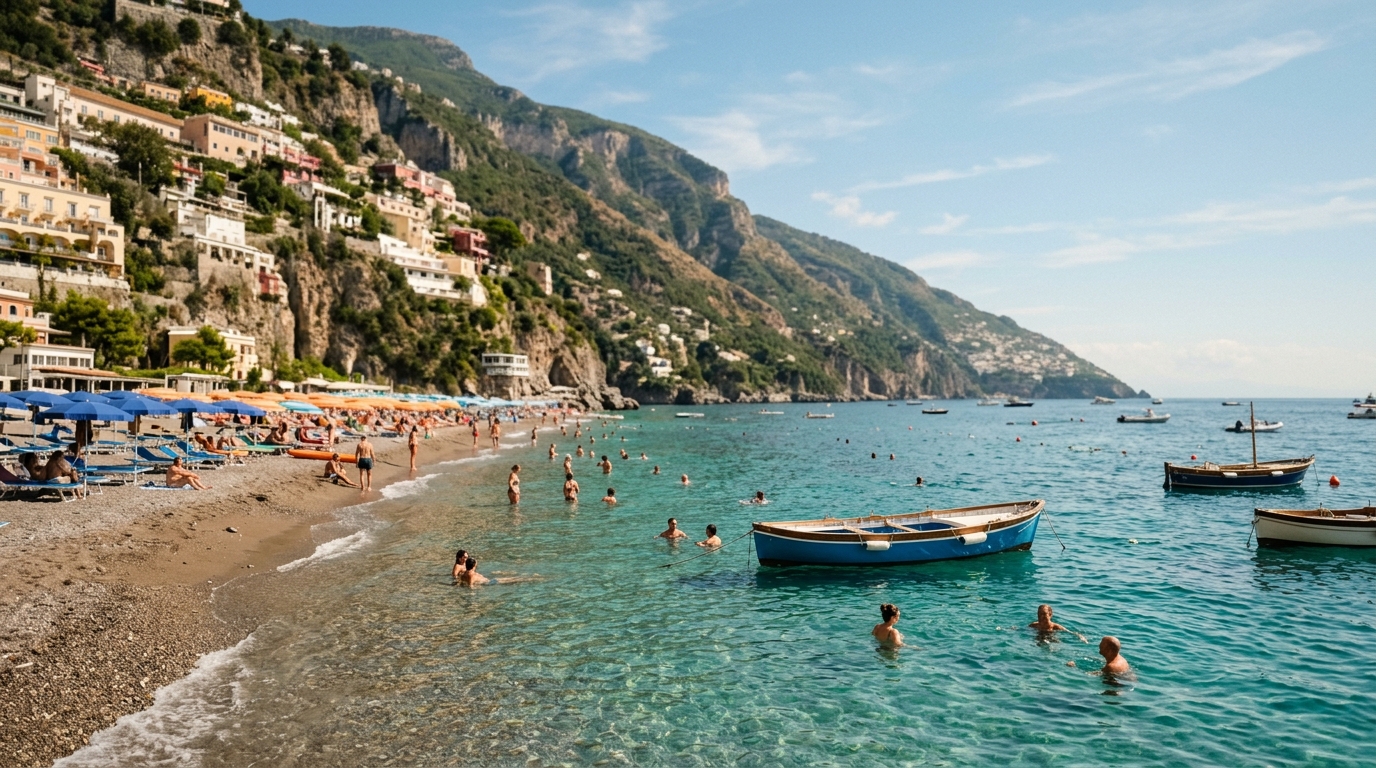 Positano Fornillo Beach with clear turquoise water in late summer