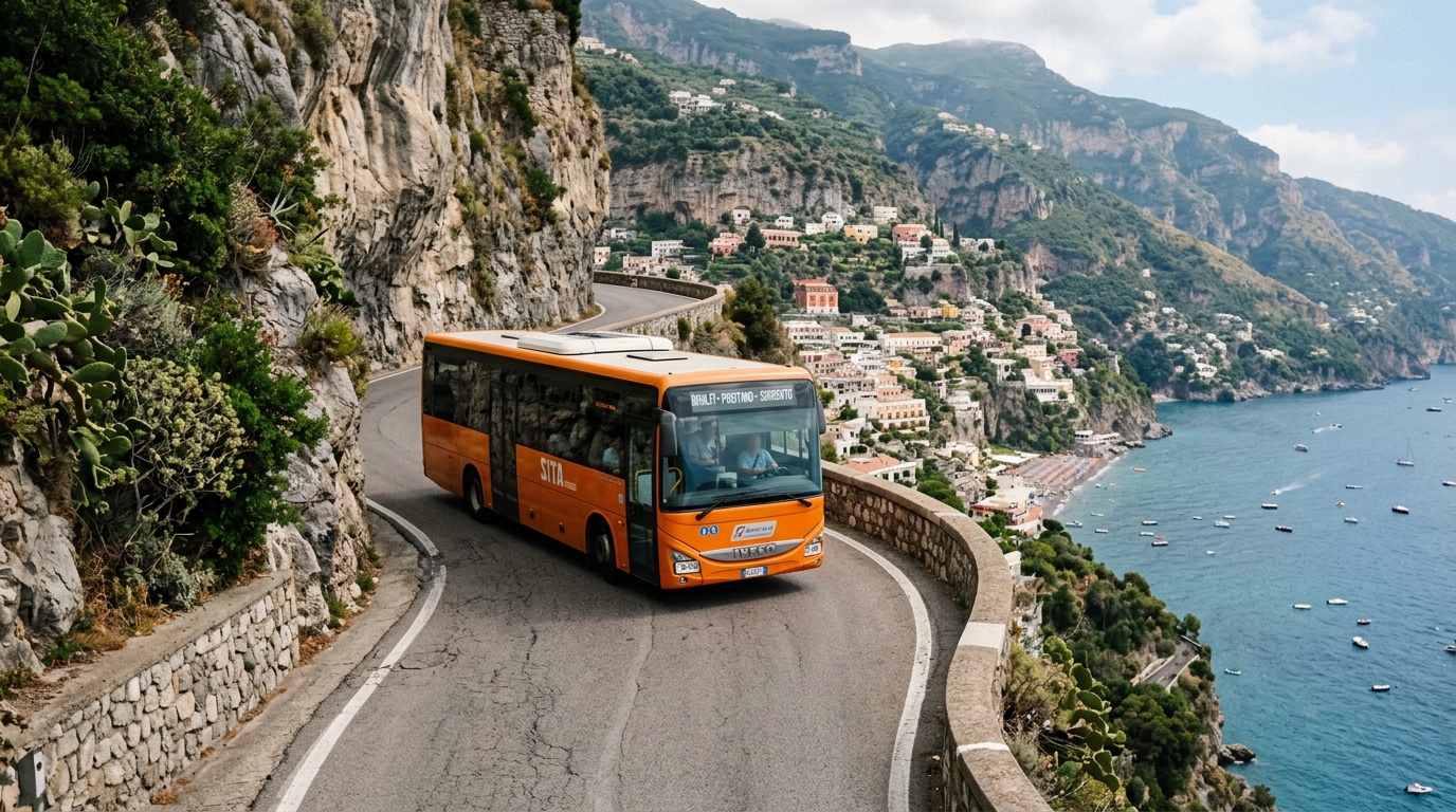 SITA bus on the narrow Amalfi Coast road near Positano