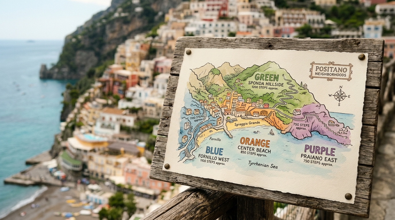 Positano neighborhood map illustration showing four zones - center beach, Sponda hillside, Fornillo west, and Praiano ea in positano hotels