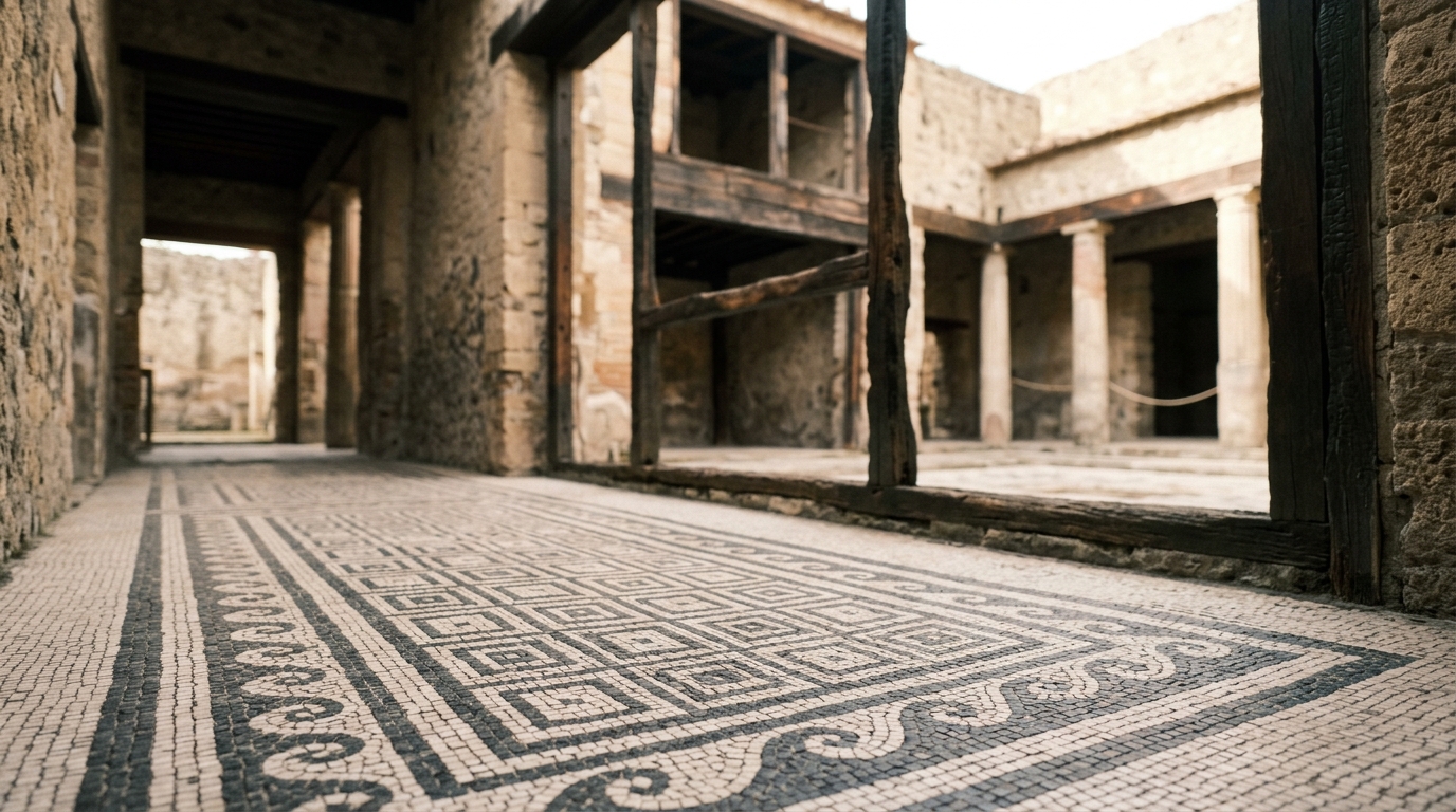 Herculaneum ancient Roman mosaic floor and preserved wooden structures
