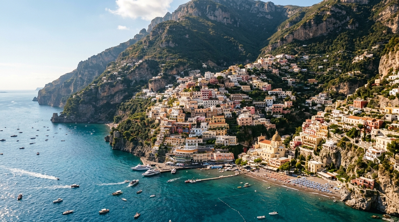 Aerial view of Positano from the water showing the full cliff-face town