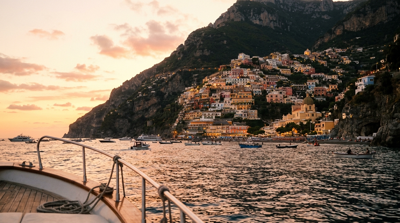 Positano village glowing in golden sunset light seen from boat on the water in best tours from positano