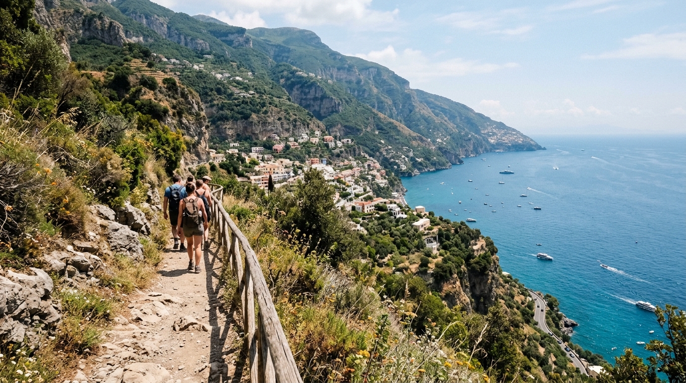 Path of the Gods hiking trail with Amalfi Coast panorama and Mediterranean Sea below