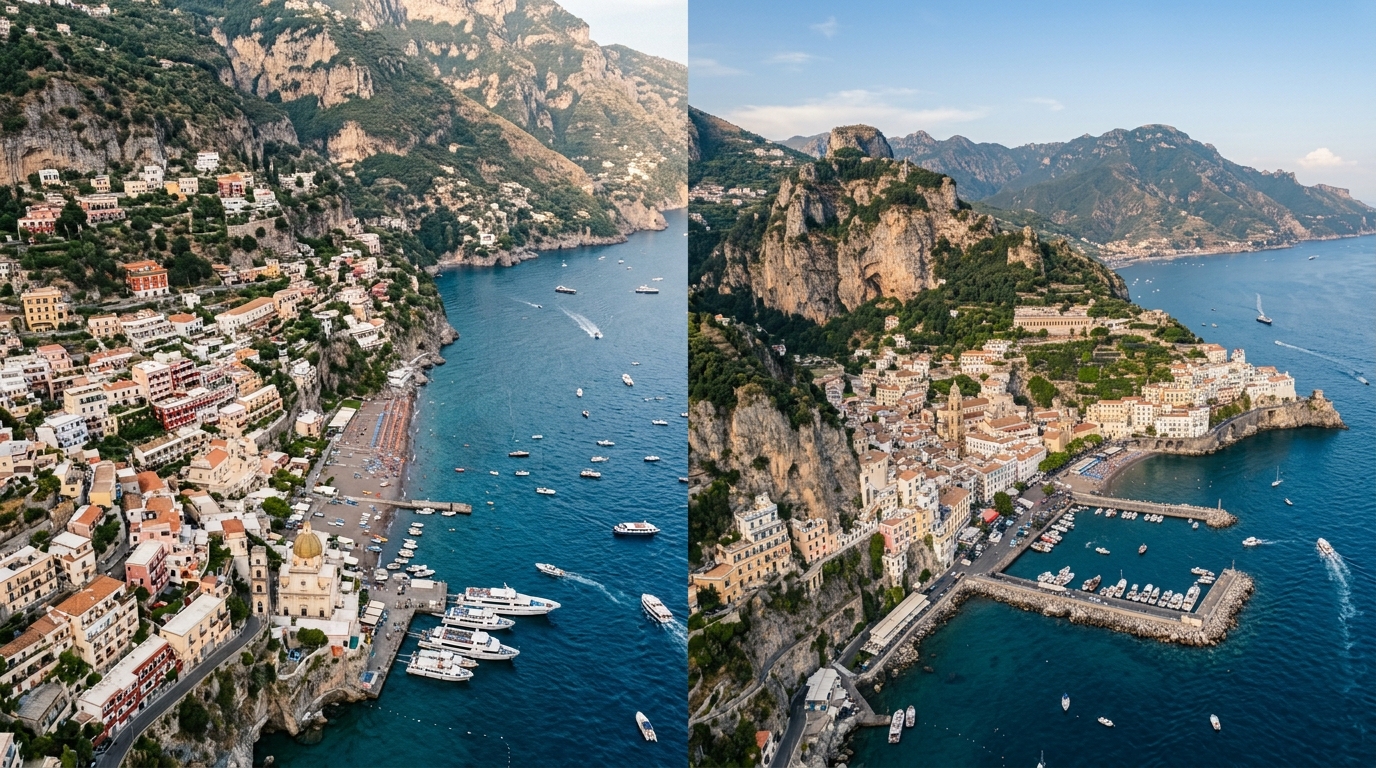 Aerial view showing both Positano cliff town and Amalfi port in same coastline shot