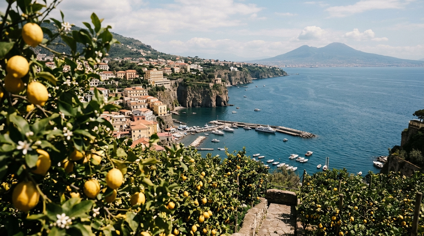 Sorrento clifftop view over the Bay of Naples with lemon groves in foreground