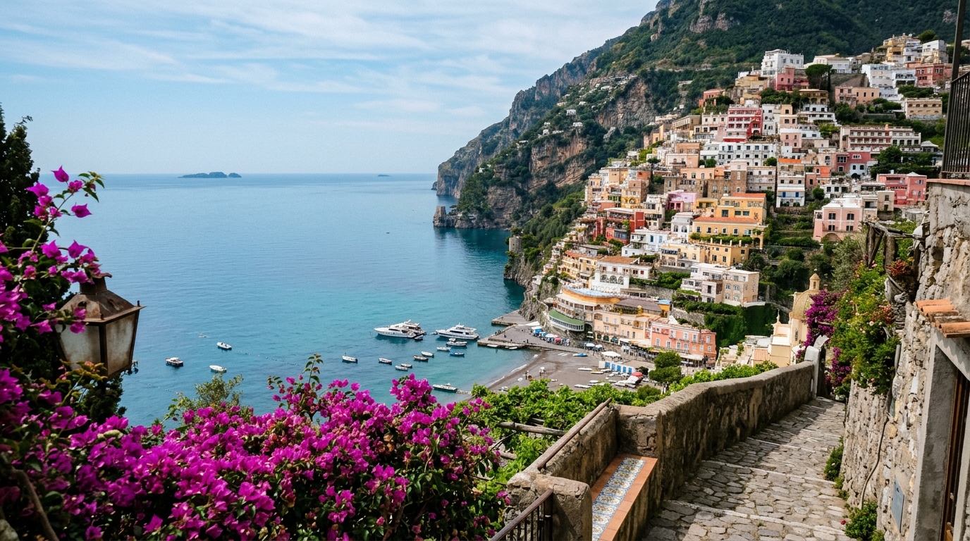 Positano in spring with flowering bougainvillea and calm sea