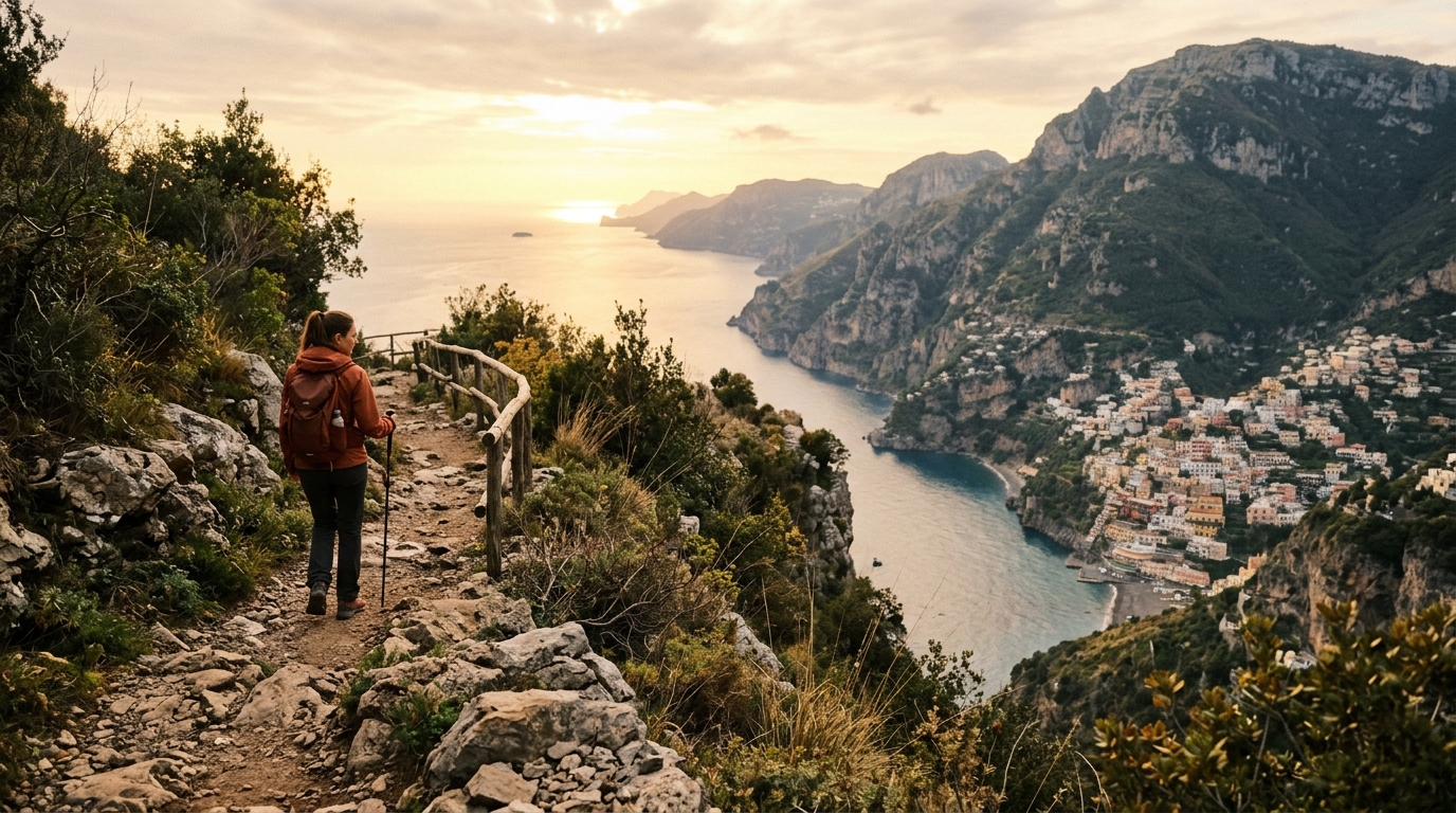 Path of the Gods trail ridge at golden hour with Amalfi Coast visible below in best tours from positano