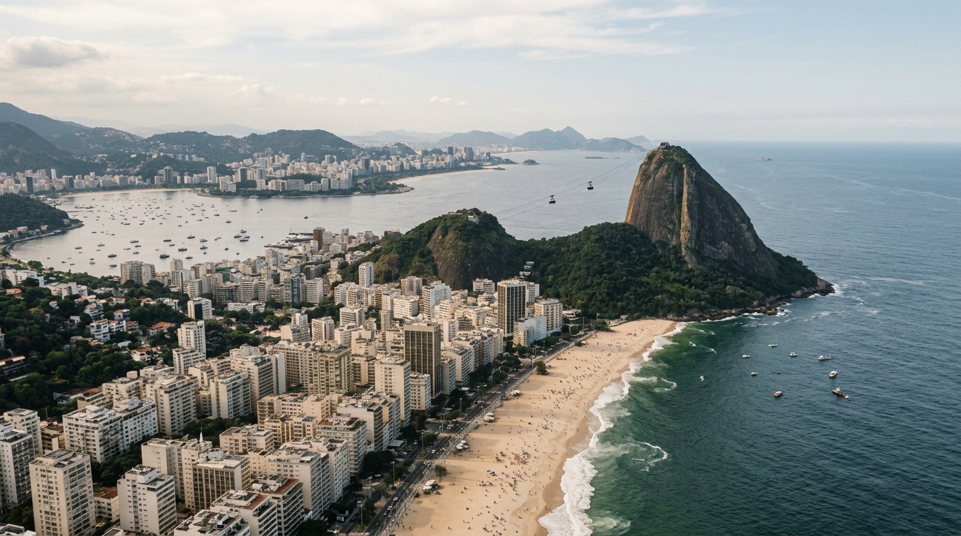 Rio de Janeiro aerial view showing Copacabana beach curve, Ipanema, Sugarloaf mountain and Guanabara Bay in rio de janeiro travel guide