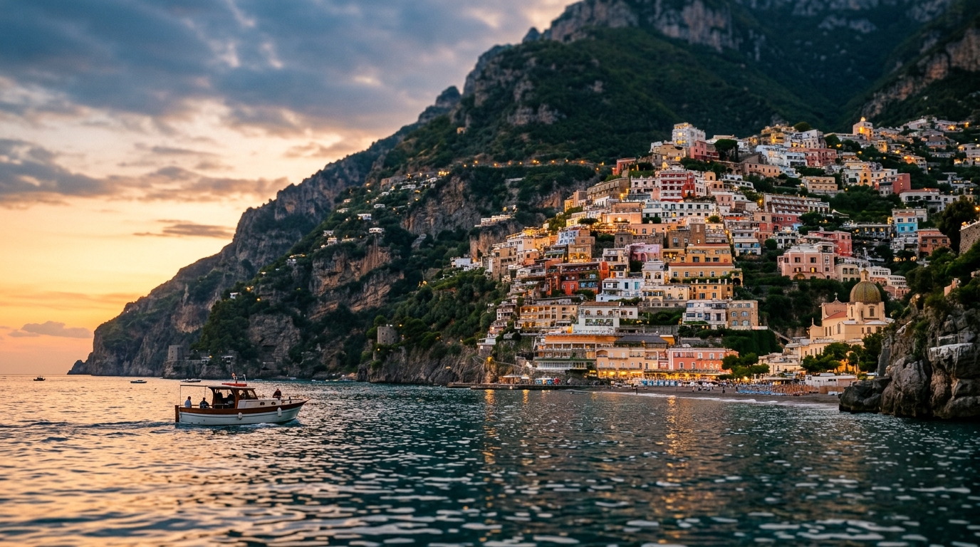 Positano at golden hour sunset from the sea with illuminated pastel houses on cliffs in best things to do in positano