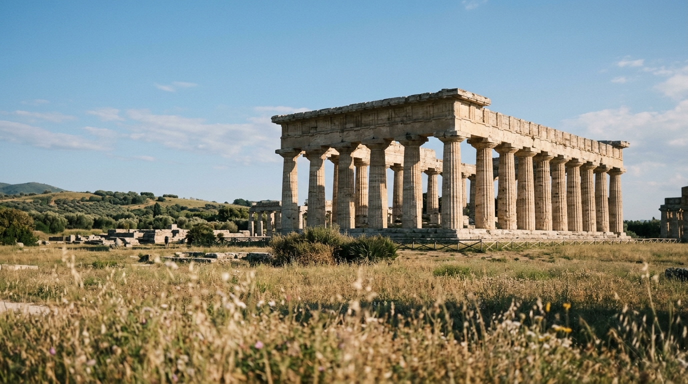 Paestum Greek temples Doric columns in field with blue sky