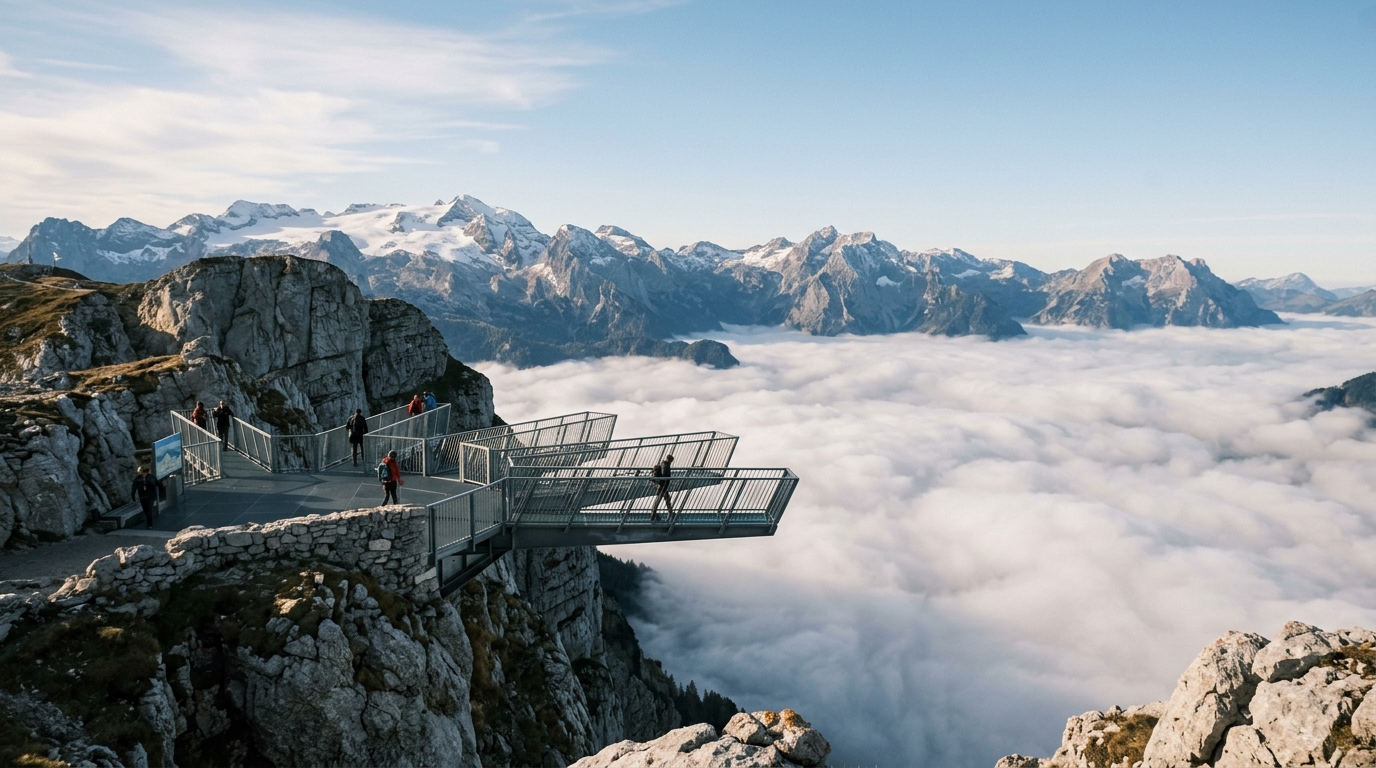 Dachstein 5 Fingers observation platform above clouds with alpine panorama