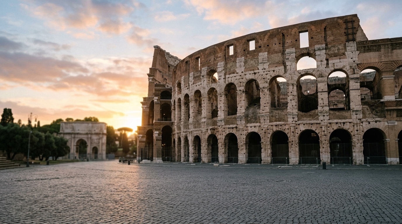 Colosseum exterior at sunrise with empty piazza in best things to do in rome