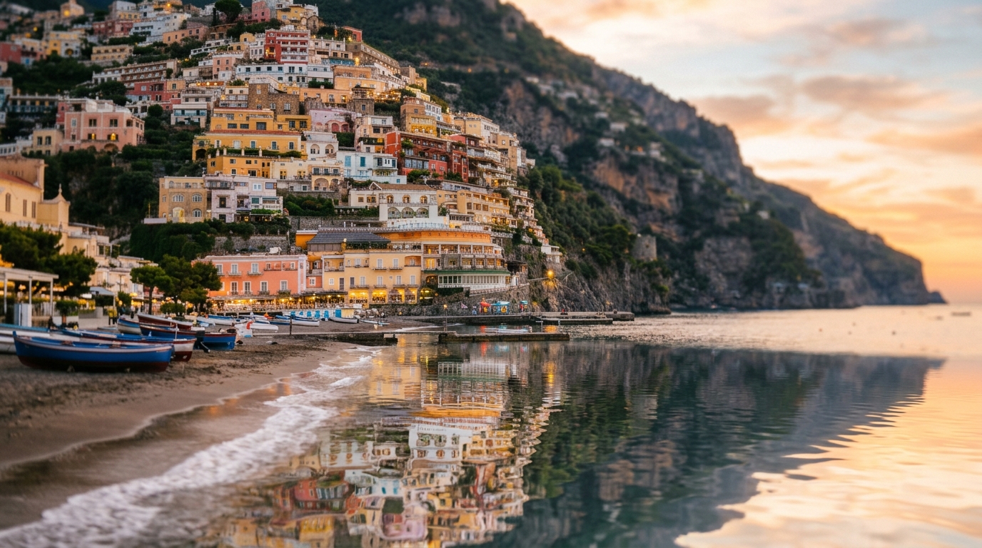 Positano colourful cliff houses at golden hour reflected in the sea