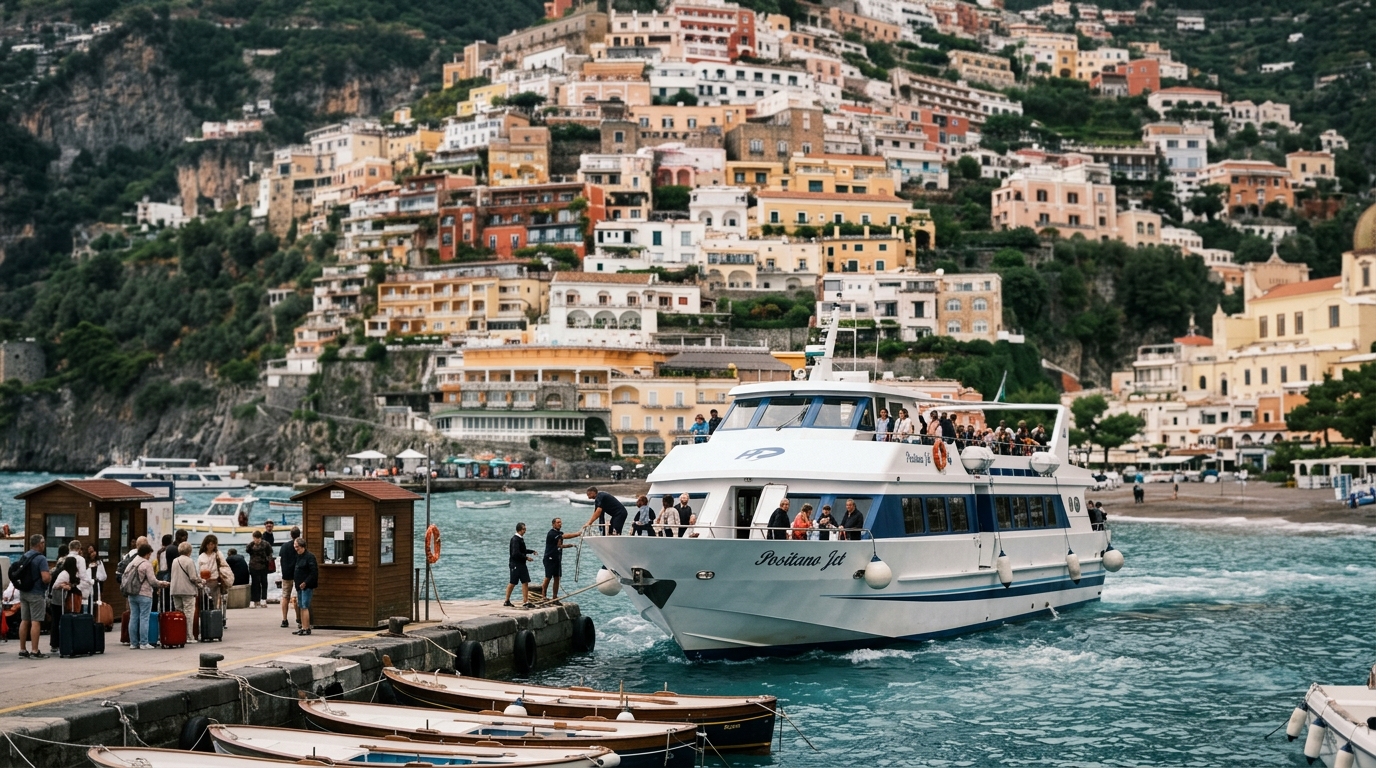 Ferry arriving at Positano dock with colourful cliff houses in background