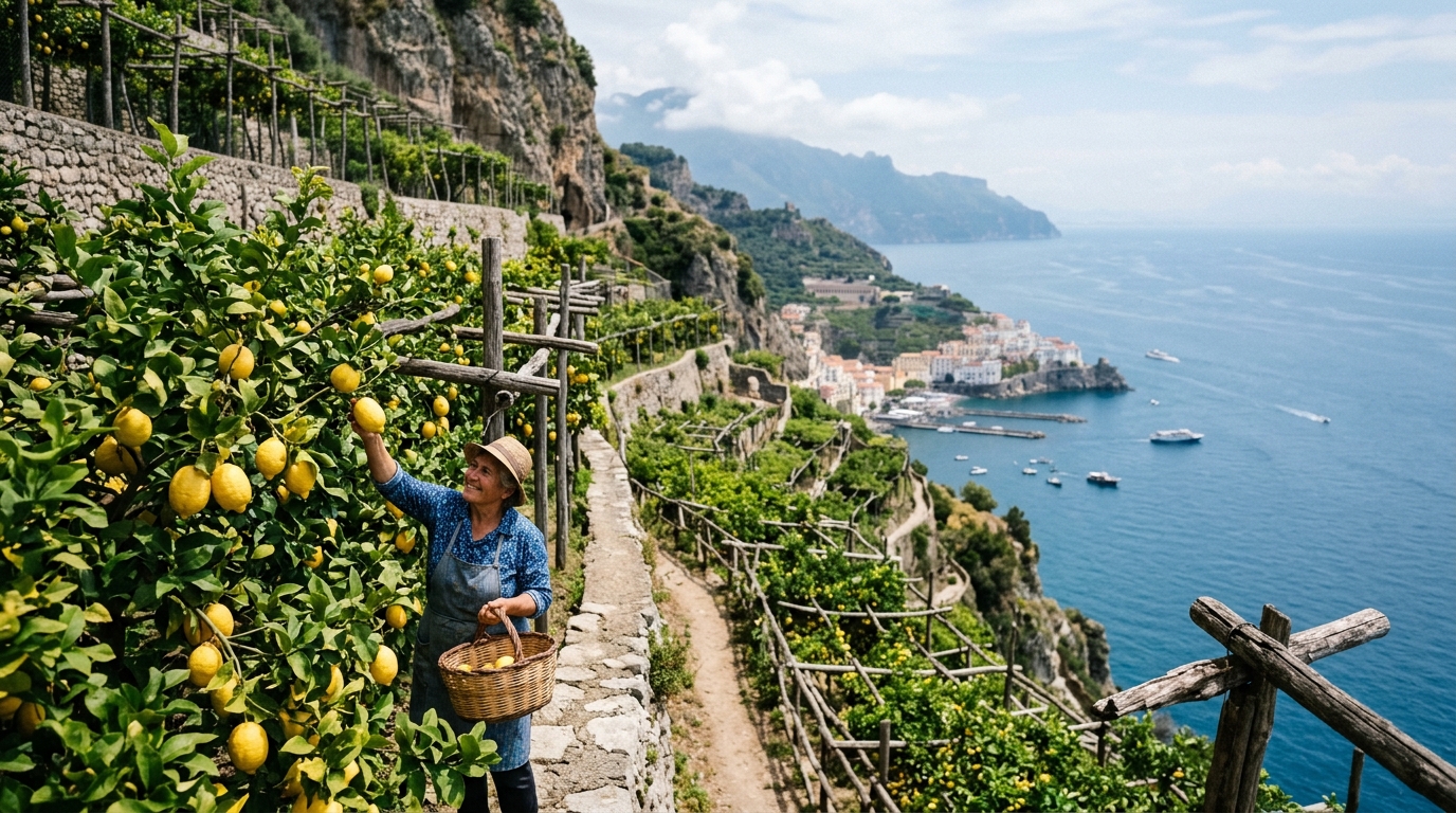 Amalfi lemon grove terraced into cliff with large yellow lemons and sea view below in best tours from positano