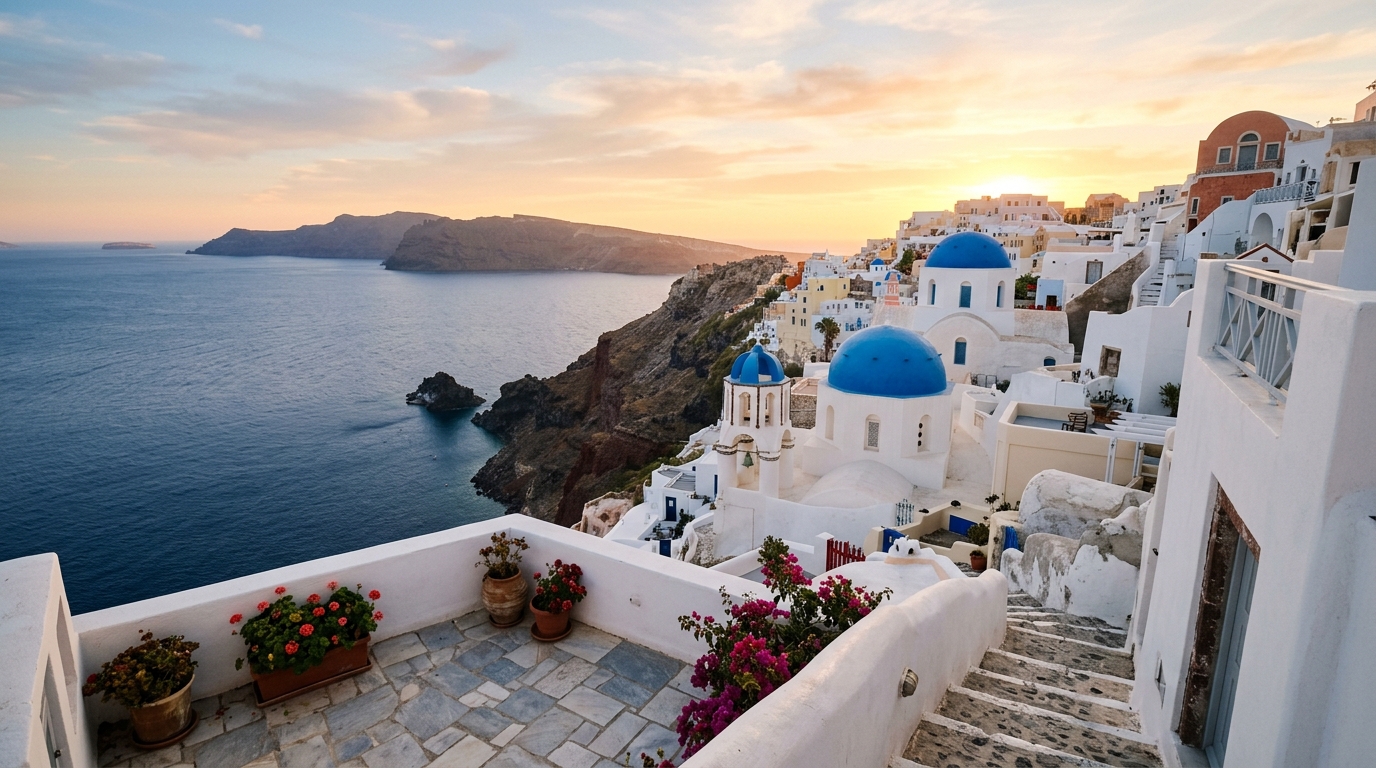 Santorini caldera view at golden hour with white buildings and blue domes and no crowd foreground