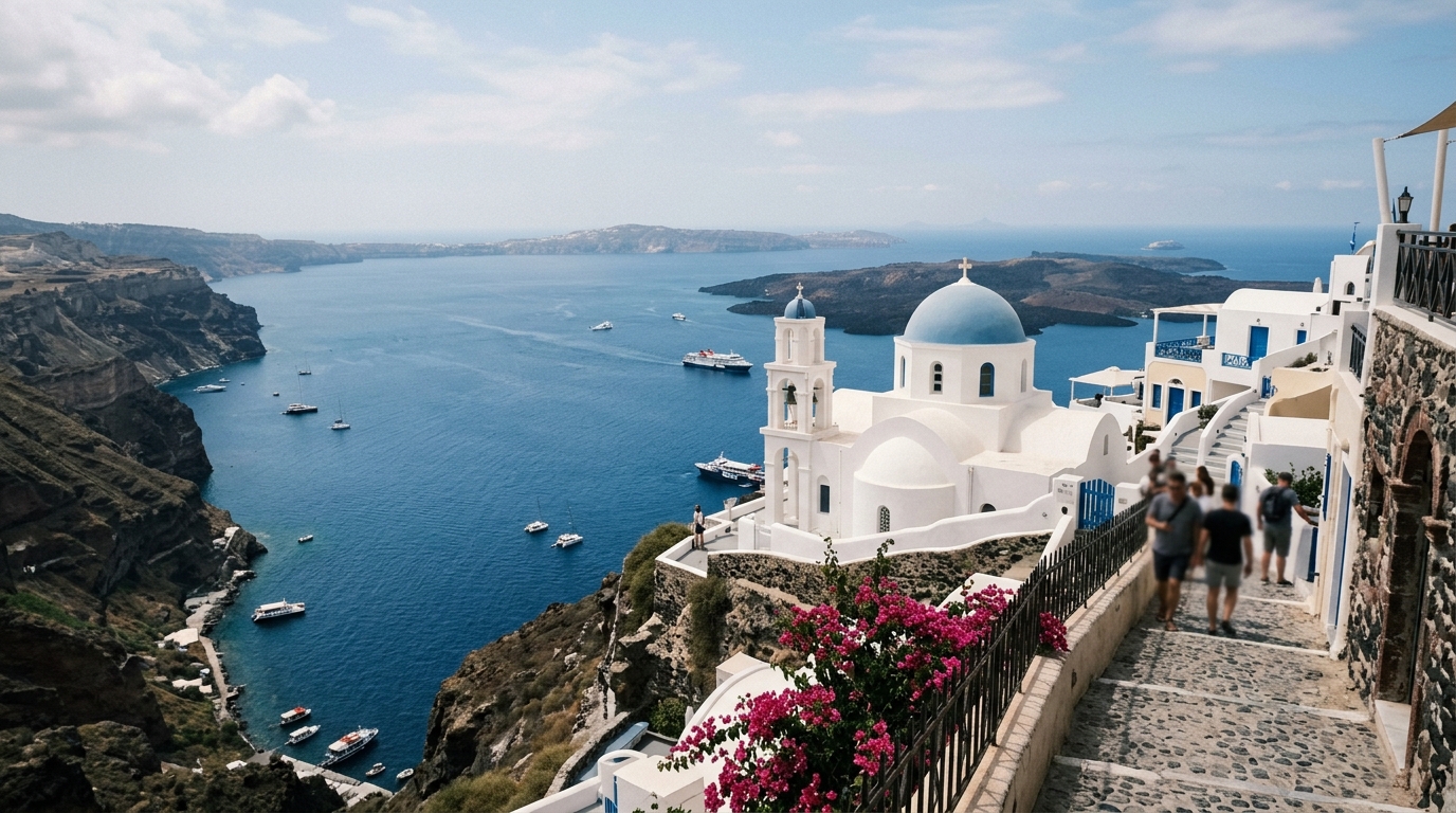Santorini caldera view from Fira with white-domed churches and blue water below in best tours from santorini